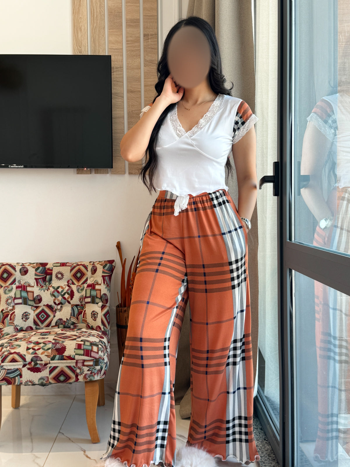 Pyjama demi manche pantalon a carreau orange ANITA