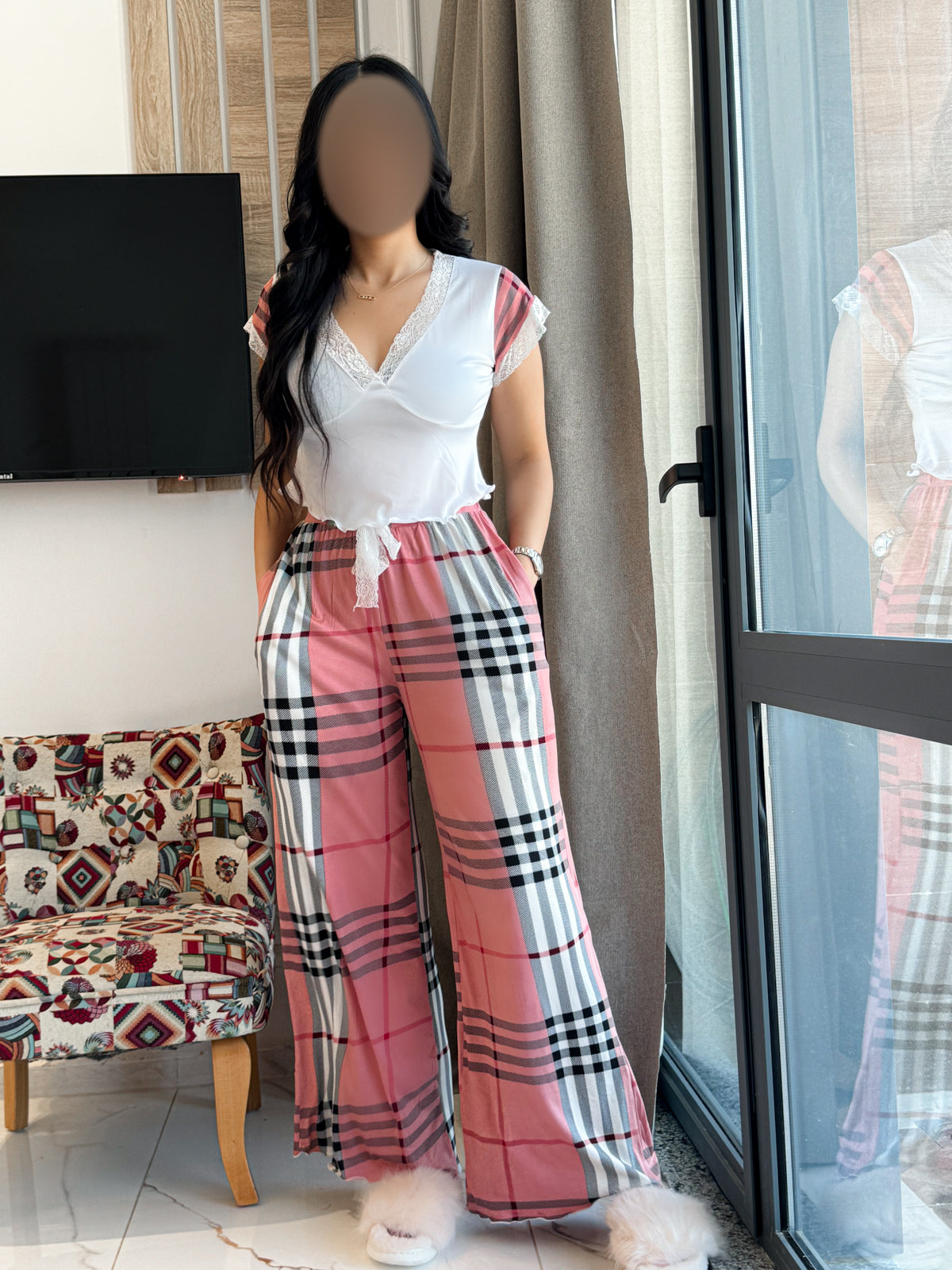 Pyjama demi manche pantalon a carreau rose ANITA