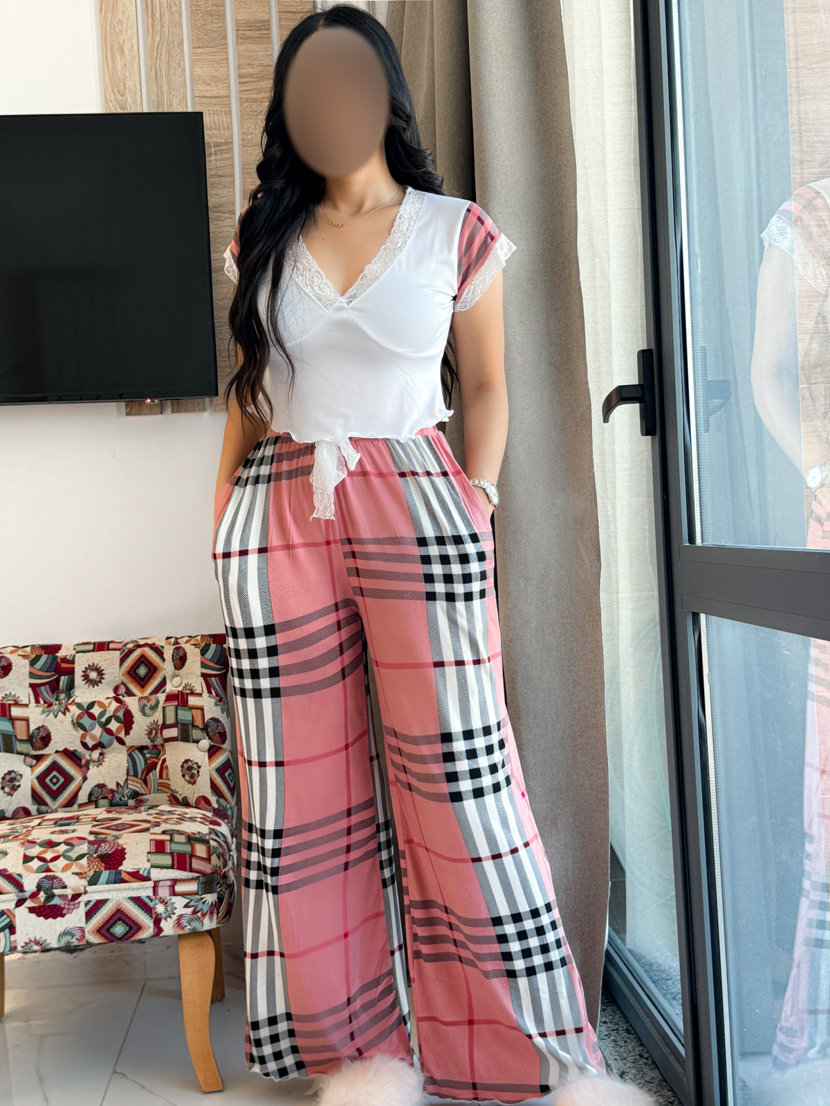 Pyjama demi manche pantalon a carreau rose ANITA