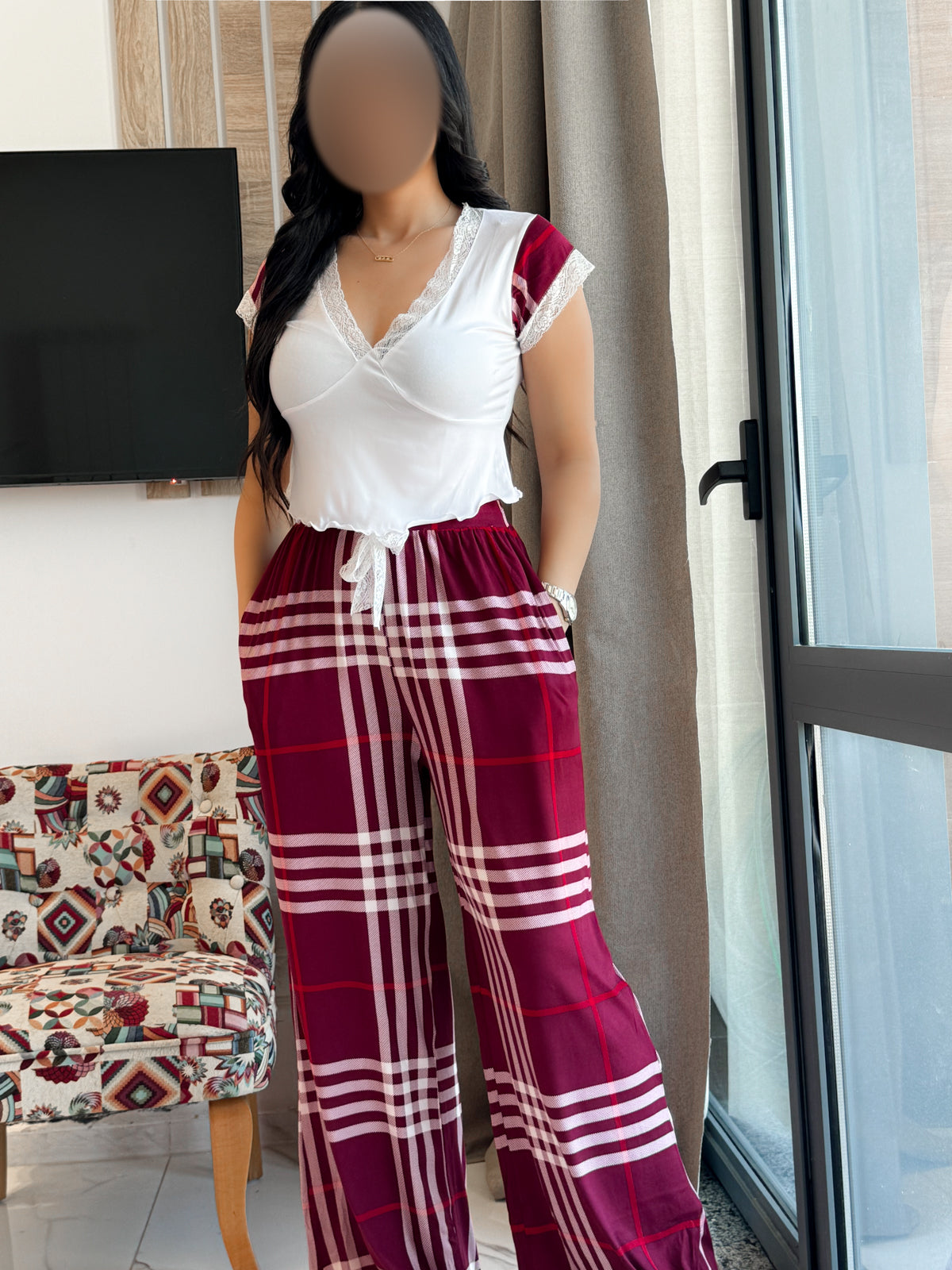 Pyjama demi manche pantalon a carreau bordeau ANITA