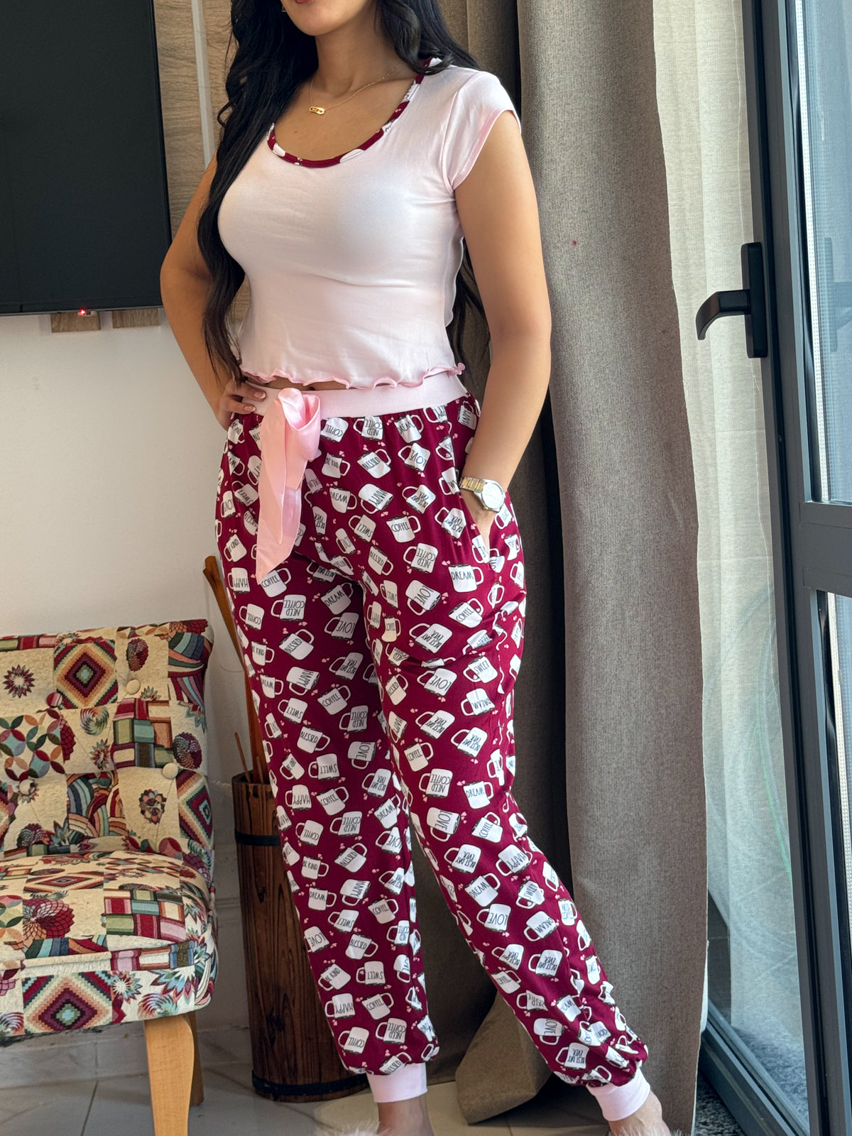 Pyjama demi manche pantalon COFFE bordeaux SANDER