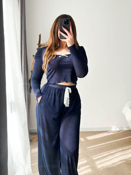 Pyjama crop-top dark blue femme COMTESSE
