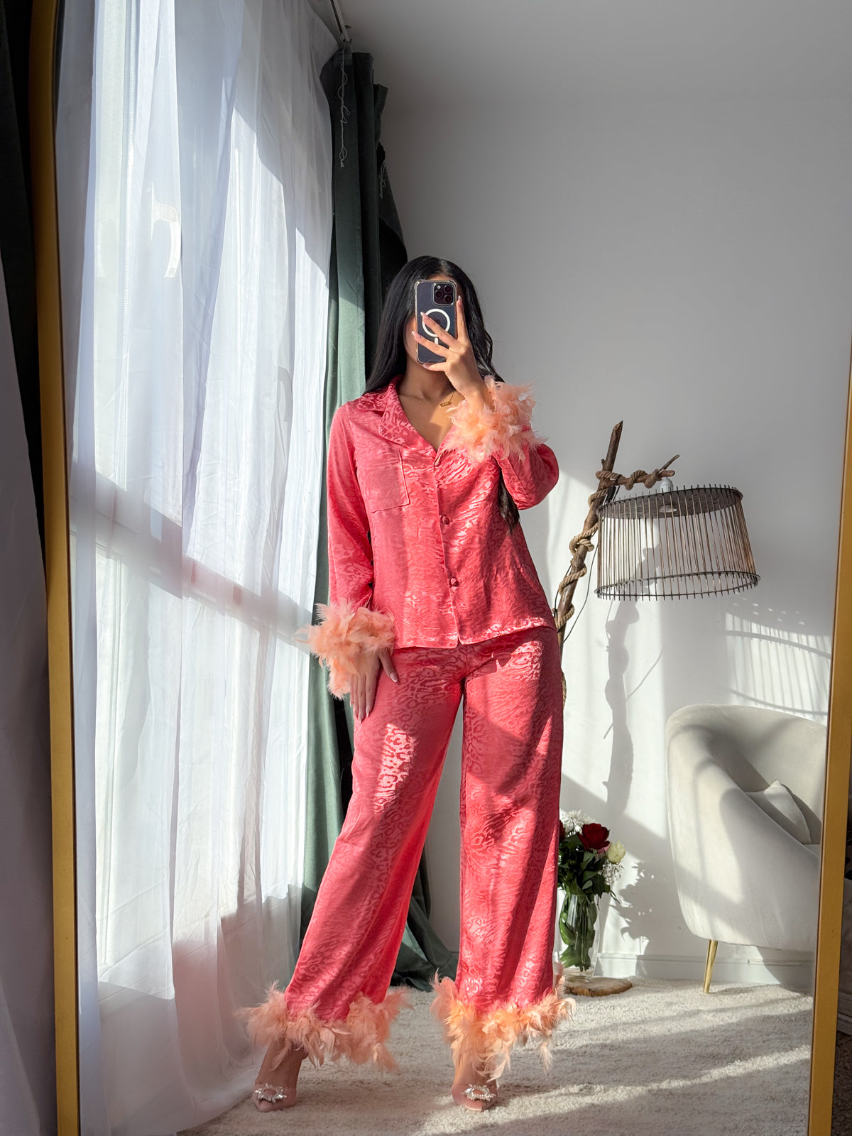 Pyjama pantalon manche long PLUMES femme crevette MARTINES