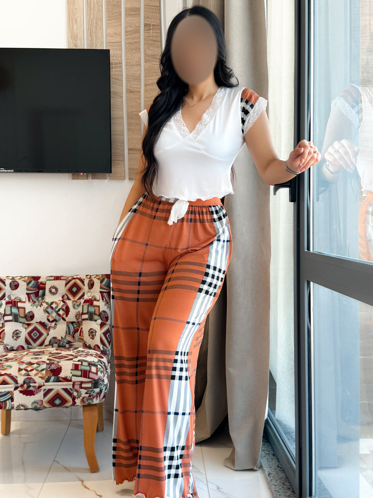Pyjama demi manche pantalon a carreau orange ANITA
