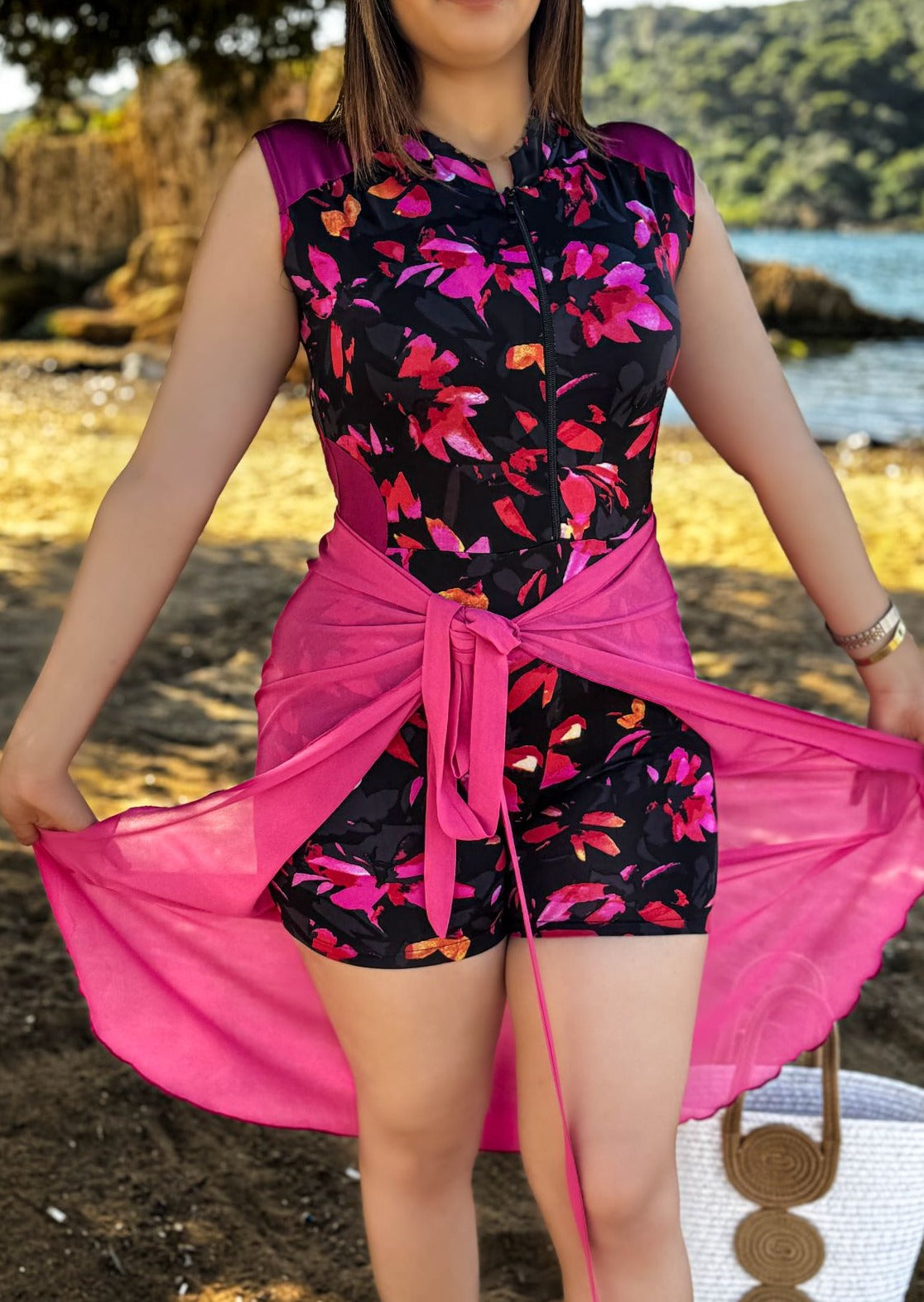 Maillot de bain 2 pièces combi noir paréo rose NEREA