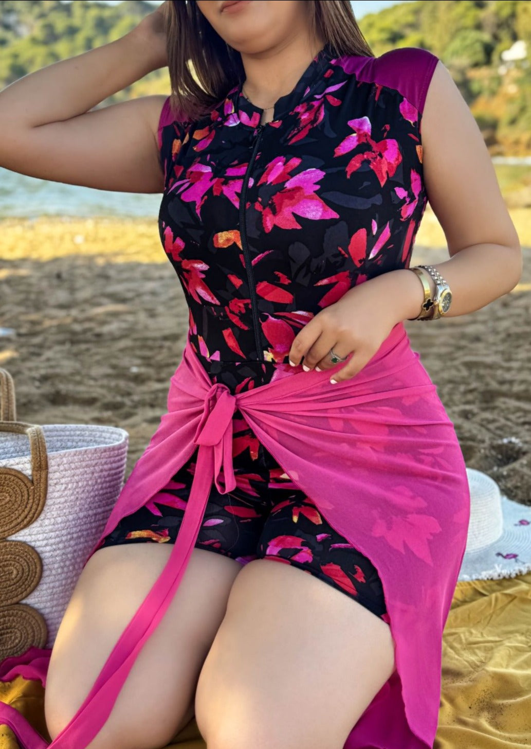 Maillot de bain 2 pièces combi noir paréo rose NEREA
