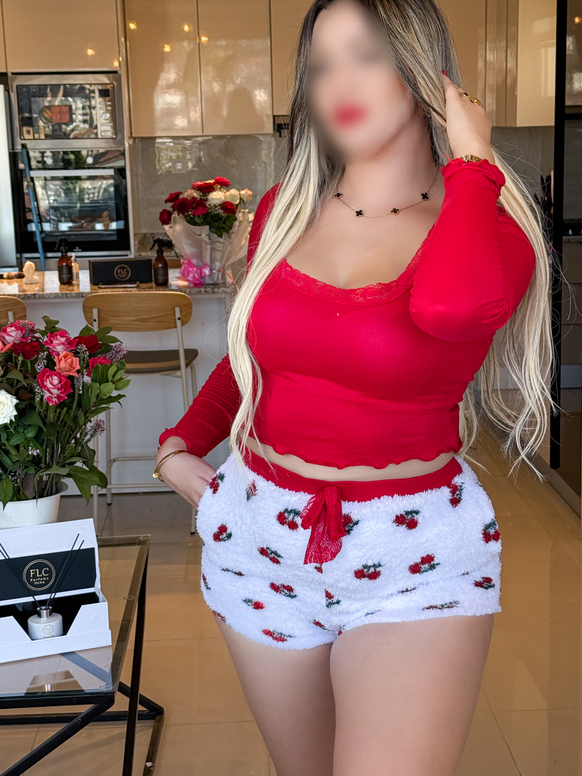 Pyjama crop-top short femme rouge motif cerise FLAFFY