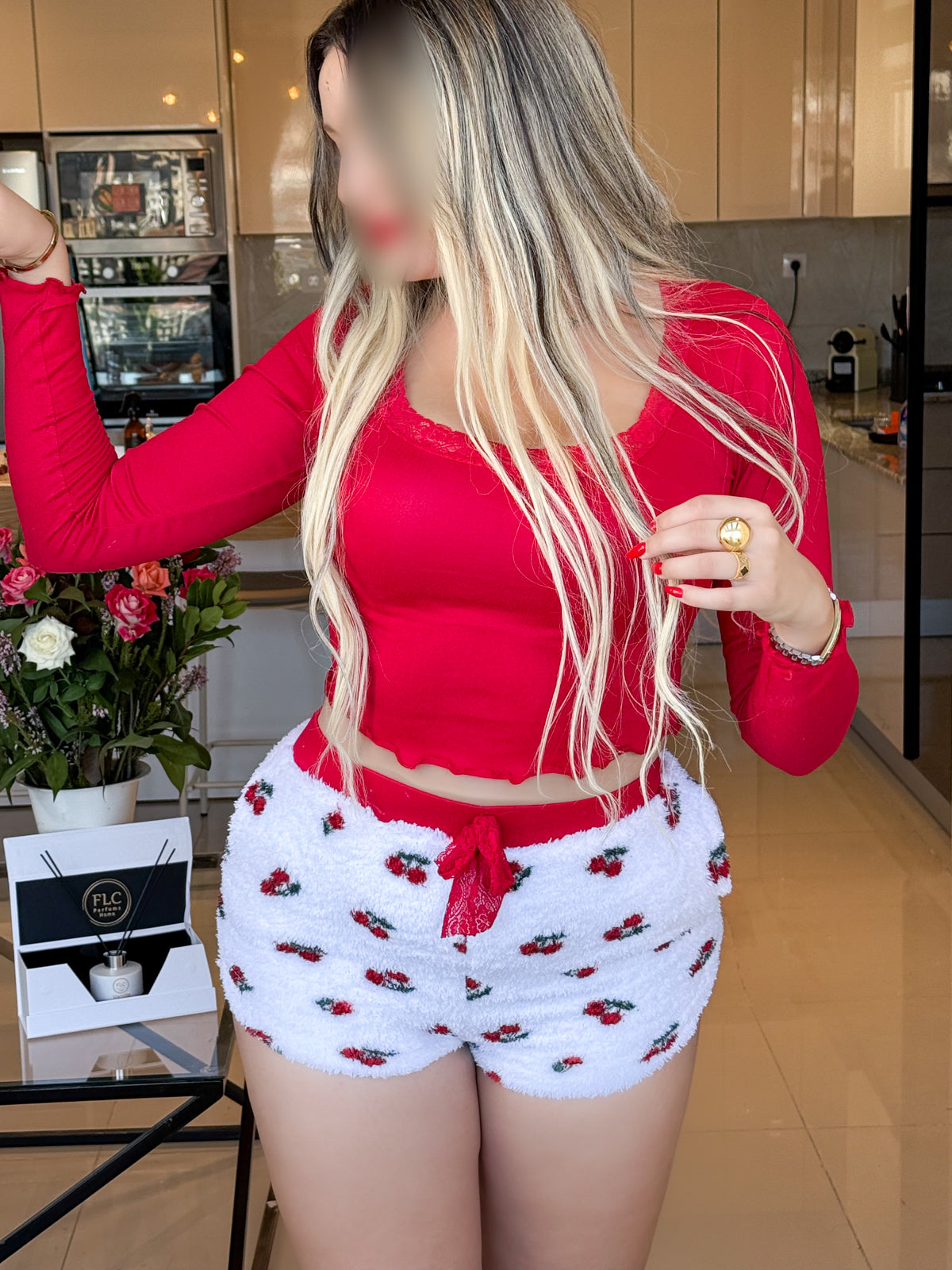 Pyjama crop-top short femme rouge motif cerise FLAFFY