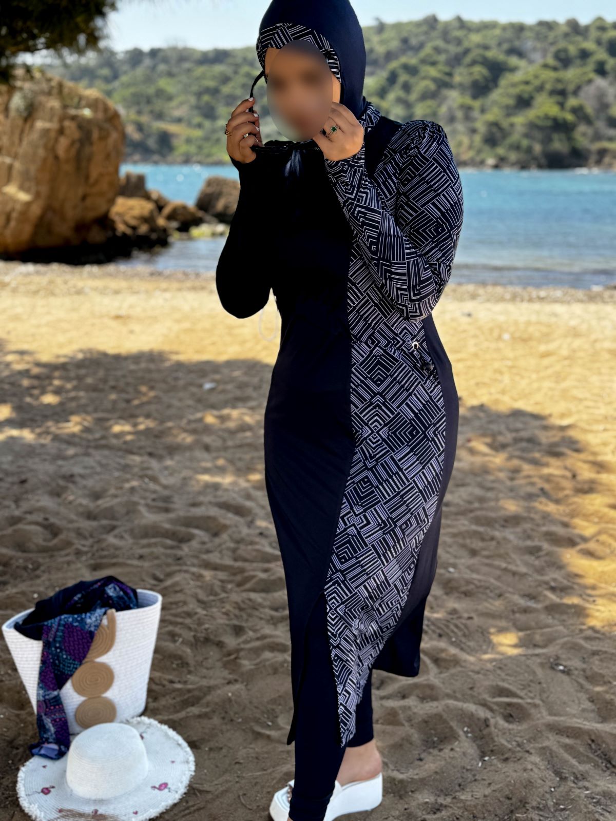 Burkini 3 pièces bleu a rayure blanc CORALINE