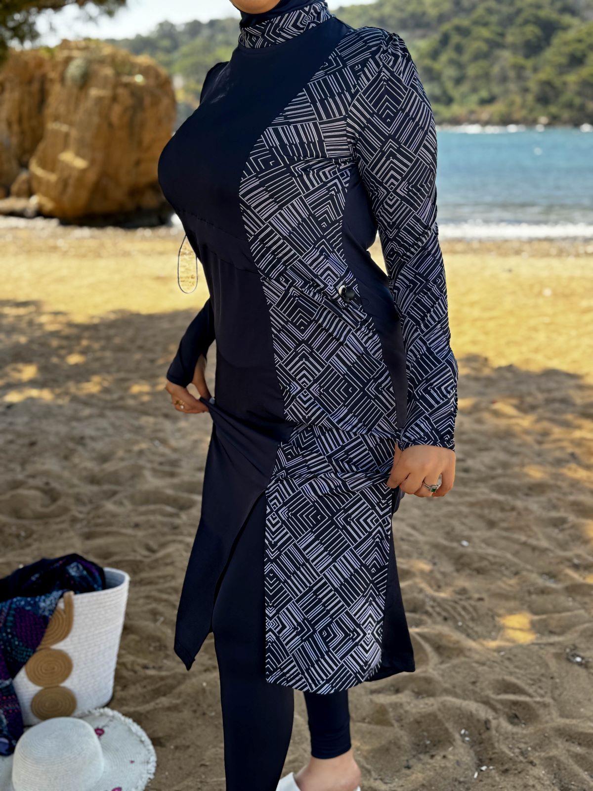 Burkini 3 pièces bleu a rayure blanc CORALINE