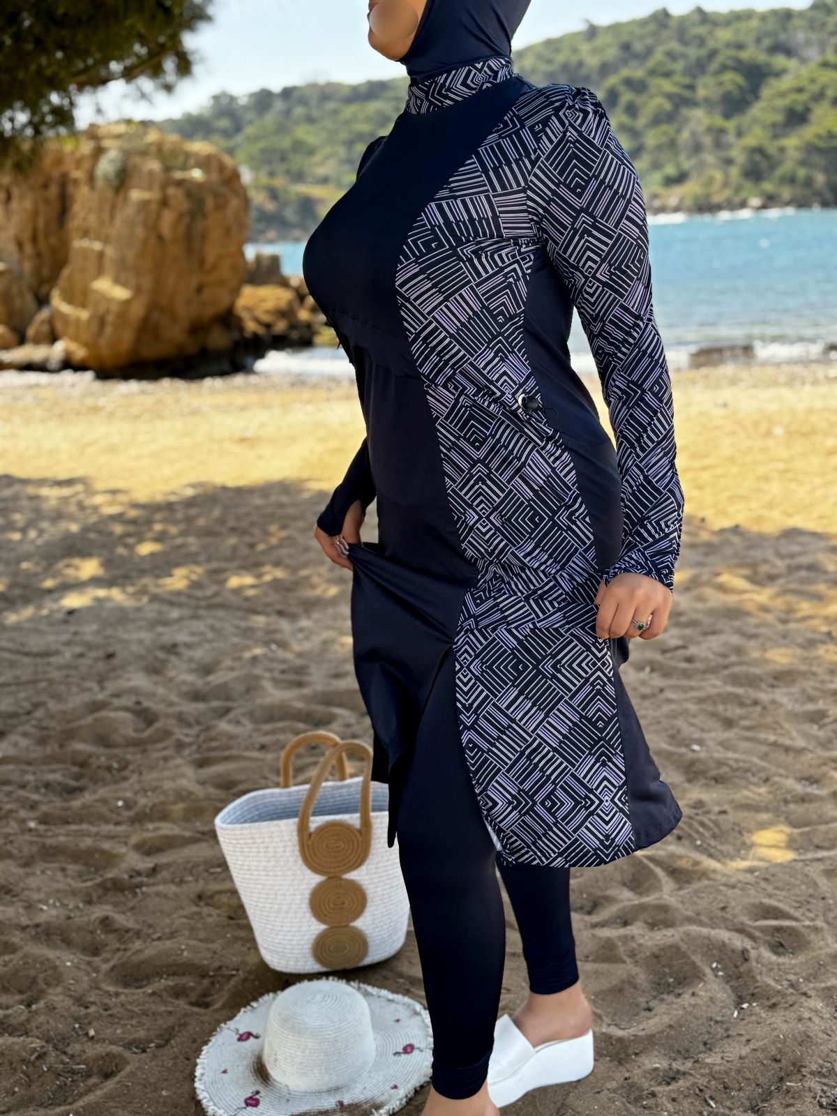 Burkini 3 pièces bleu a rayure blanc CORALINE