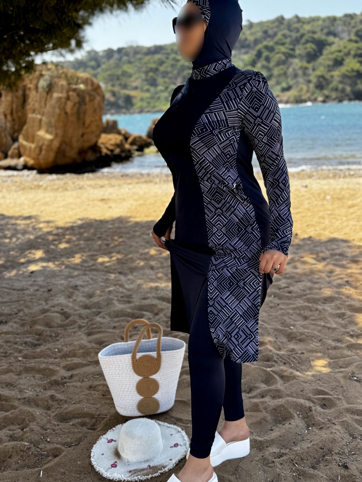 Burkini 3 pièces bleu a rayure blanc CORALINE