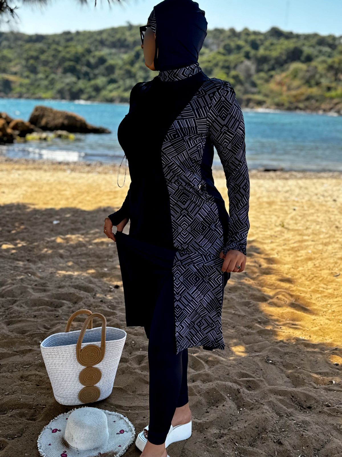 Burkini 3 pièces bleu a rayure blanc CORALINE