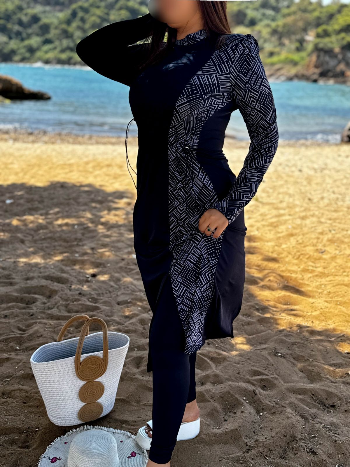 Burkini 3 pièces bleu a rayure blanc CORALINE