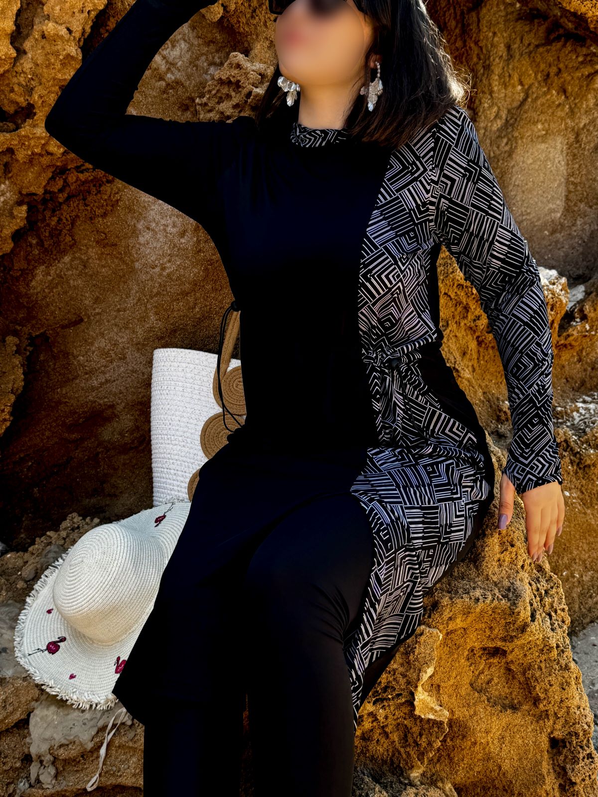 Burkini 3 pièces noir a rayure blanc CORALINE