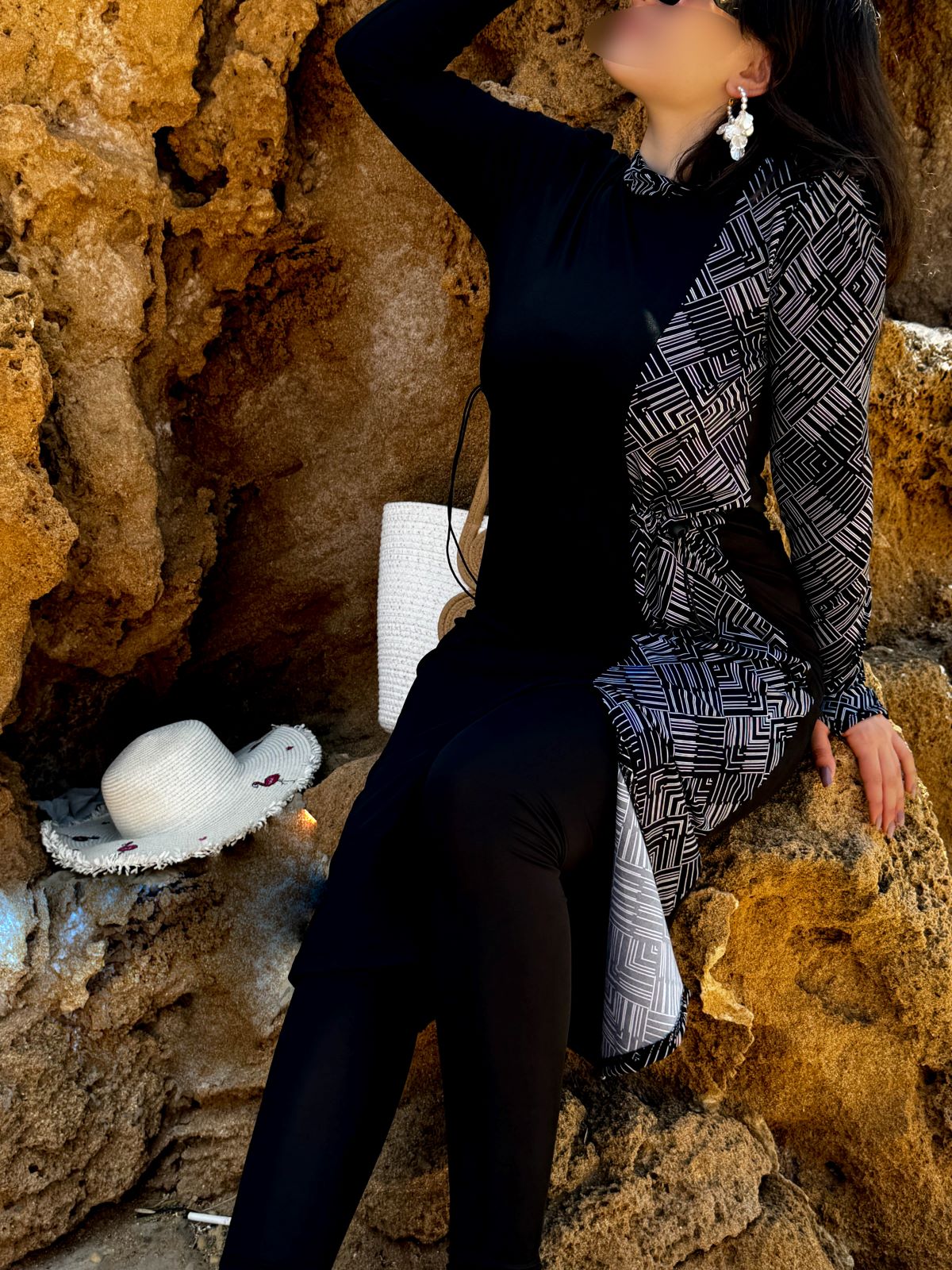 Burkini 3 pièces noir a rayure blanc CORALINE