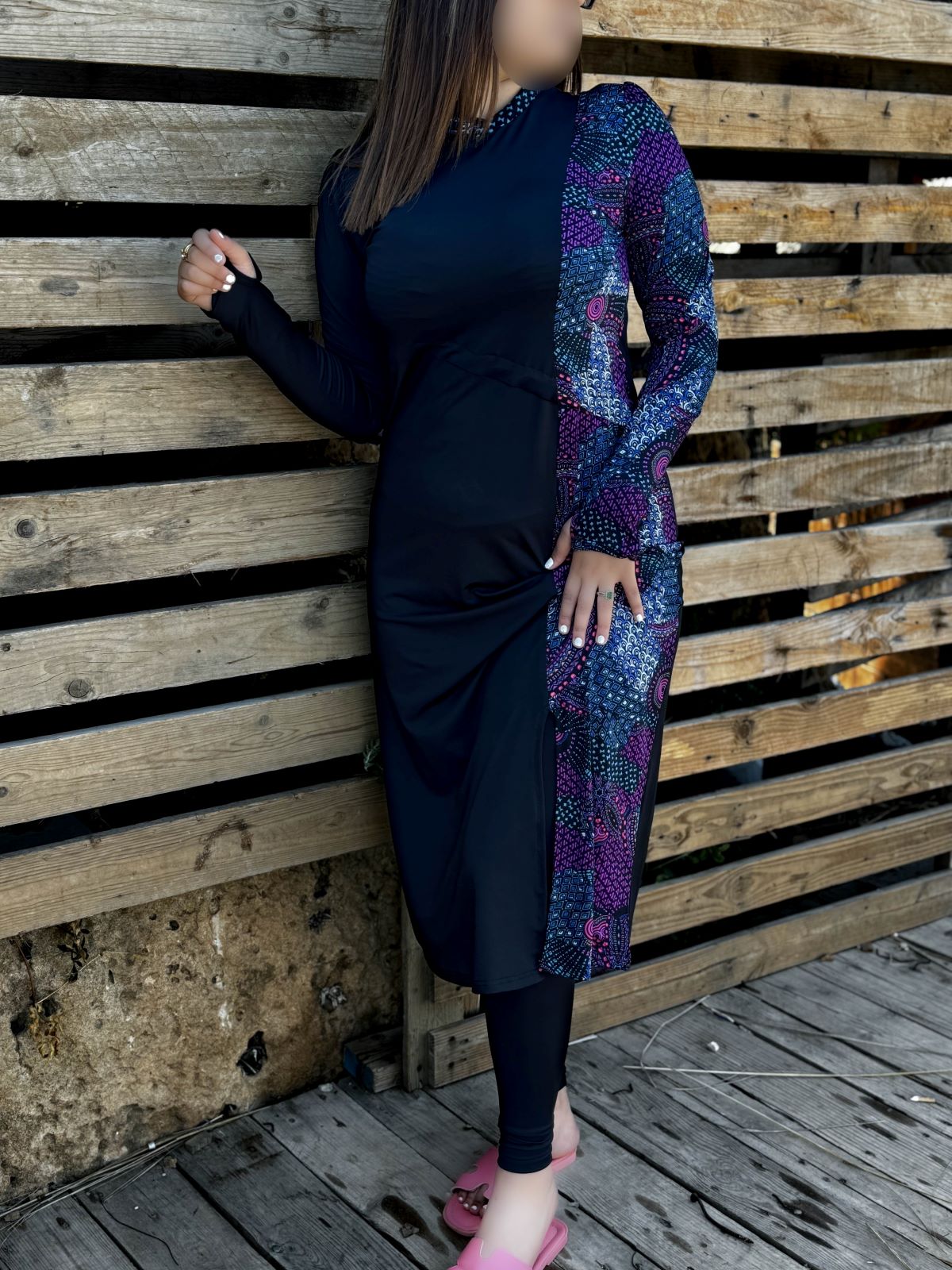 Burkini 3 pièces noir a motif violet CORALINE