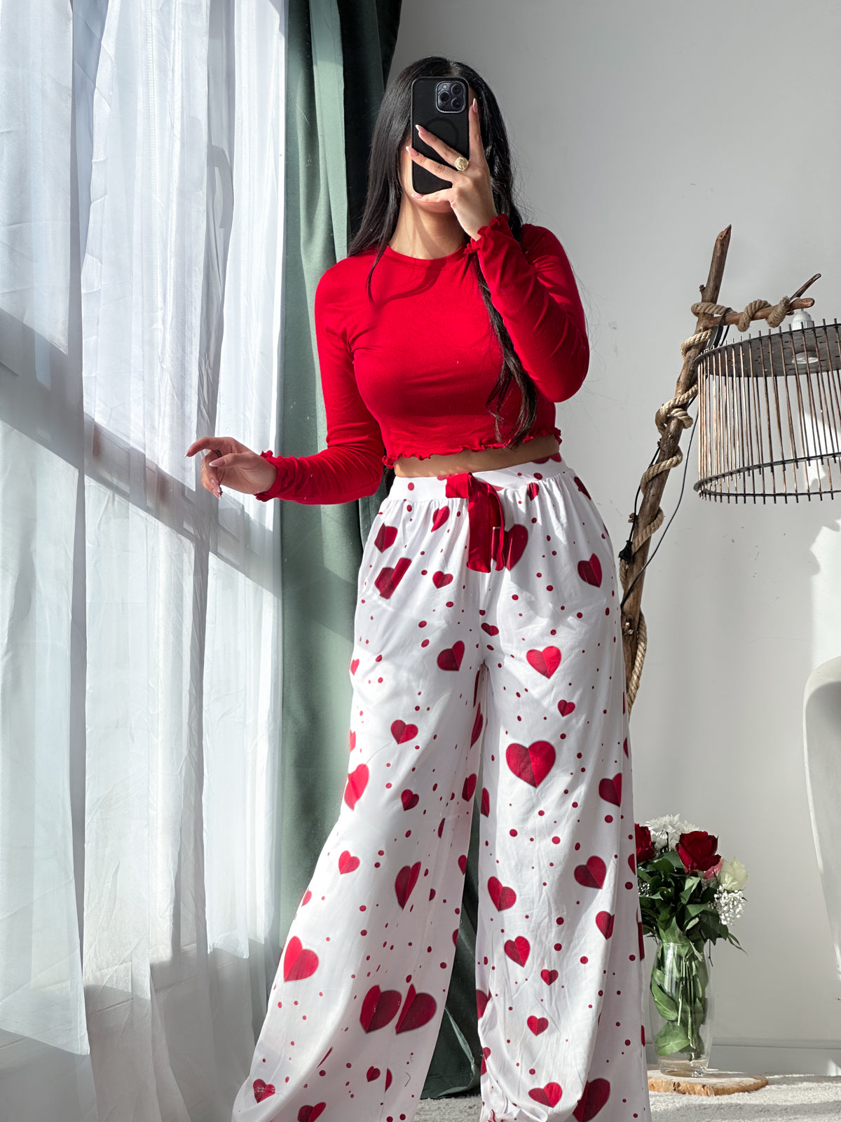 Pyjama crop-top femme rouge motif coeur ADRIANA