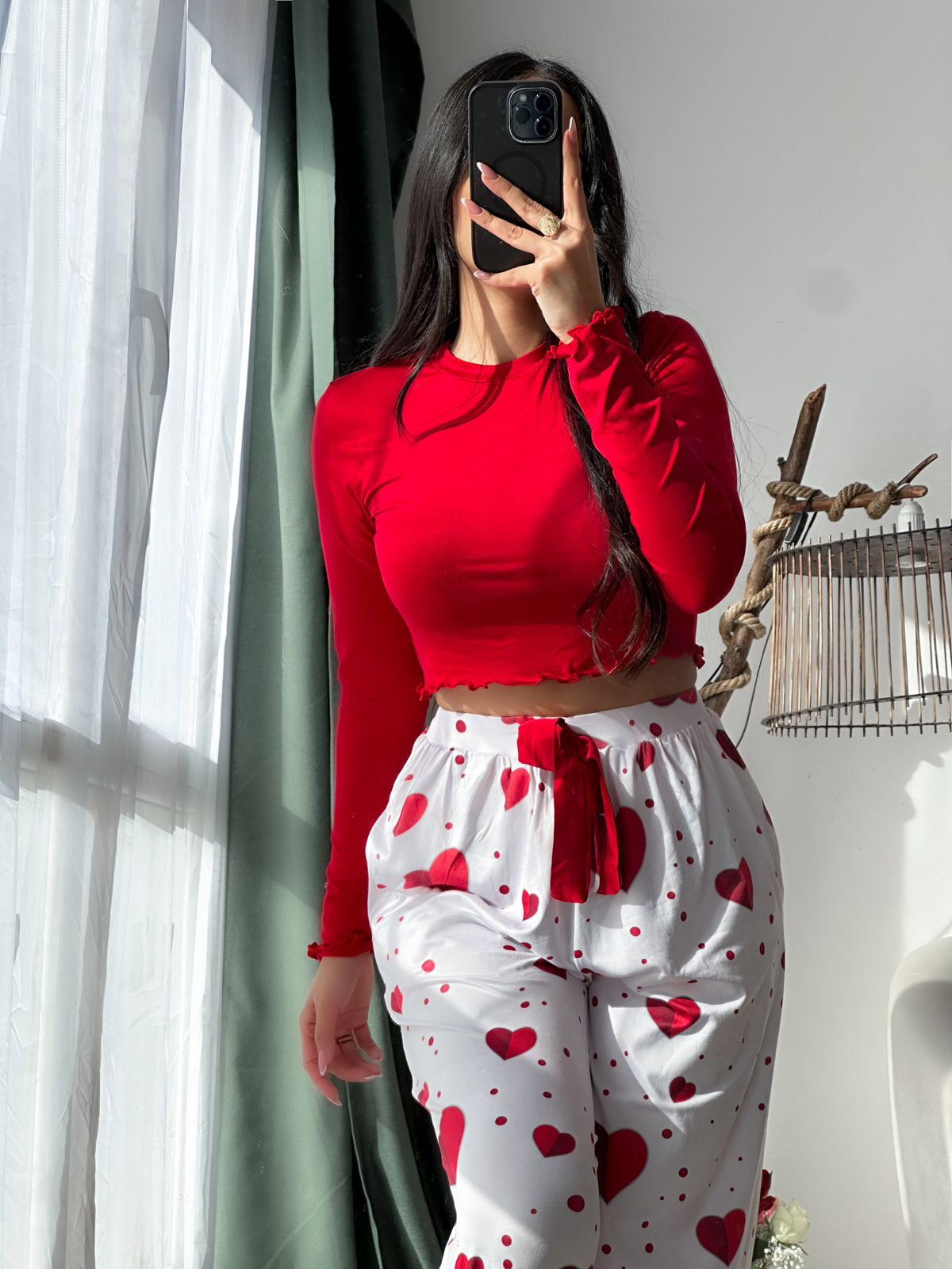 Pyjama crop-top femme rouge motif coeur ADRIANA