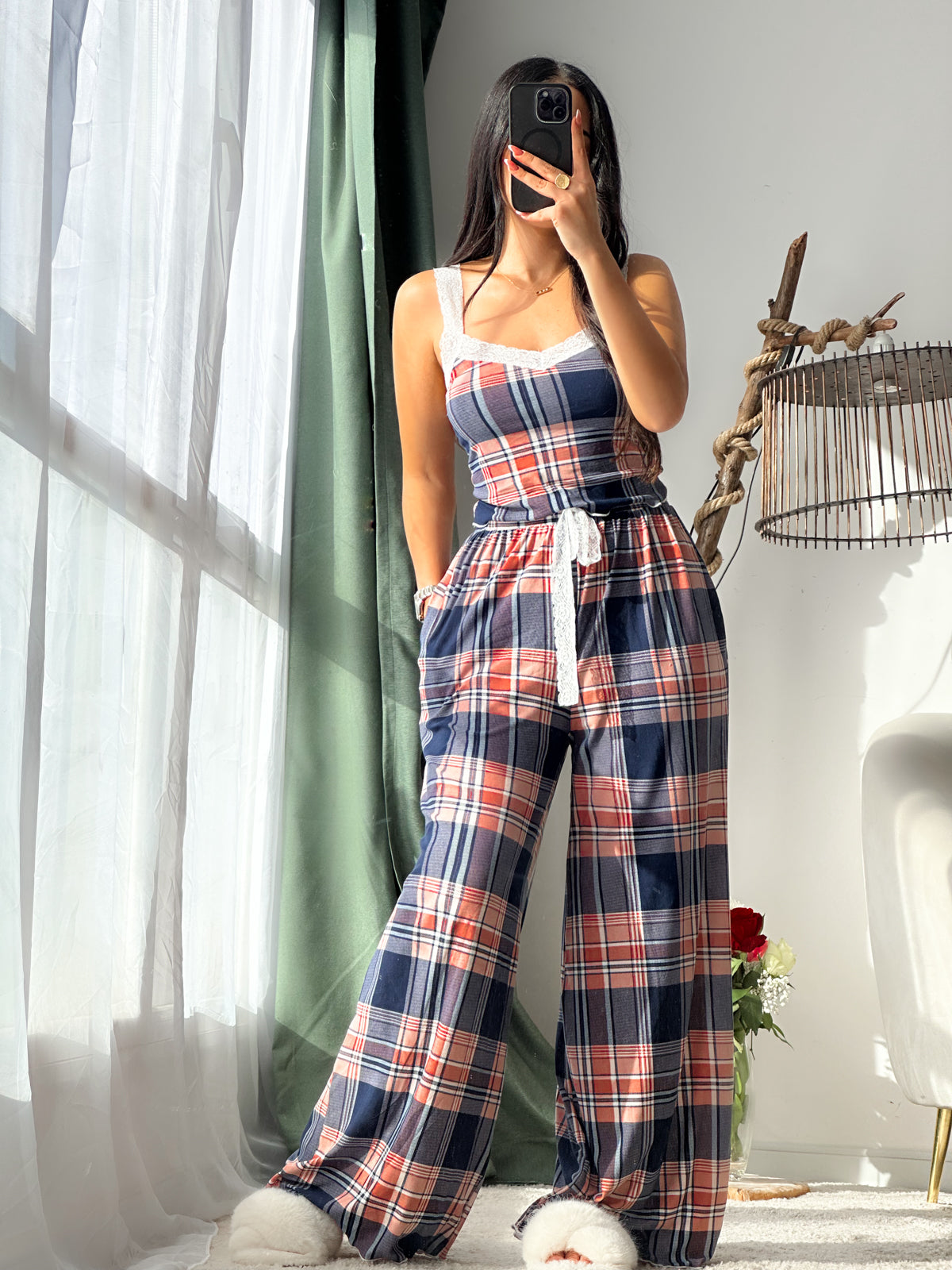 Pyjama 3 pièces femme à carreaux bleu LUDMILA