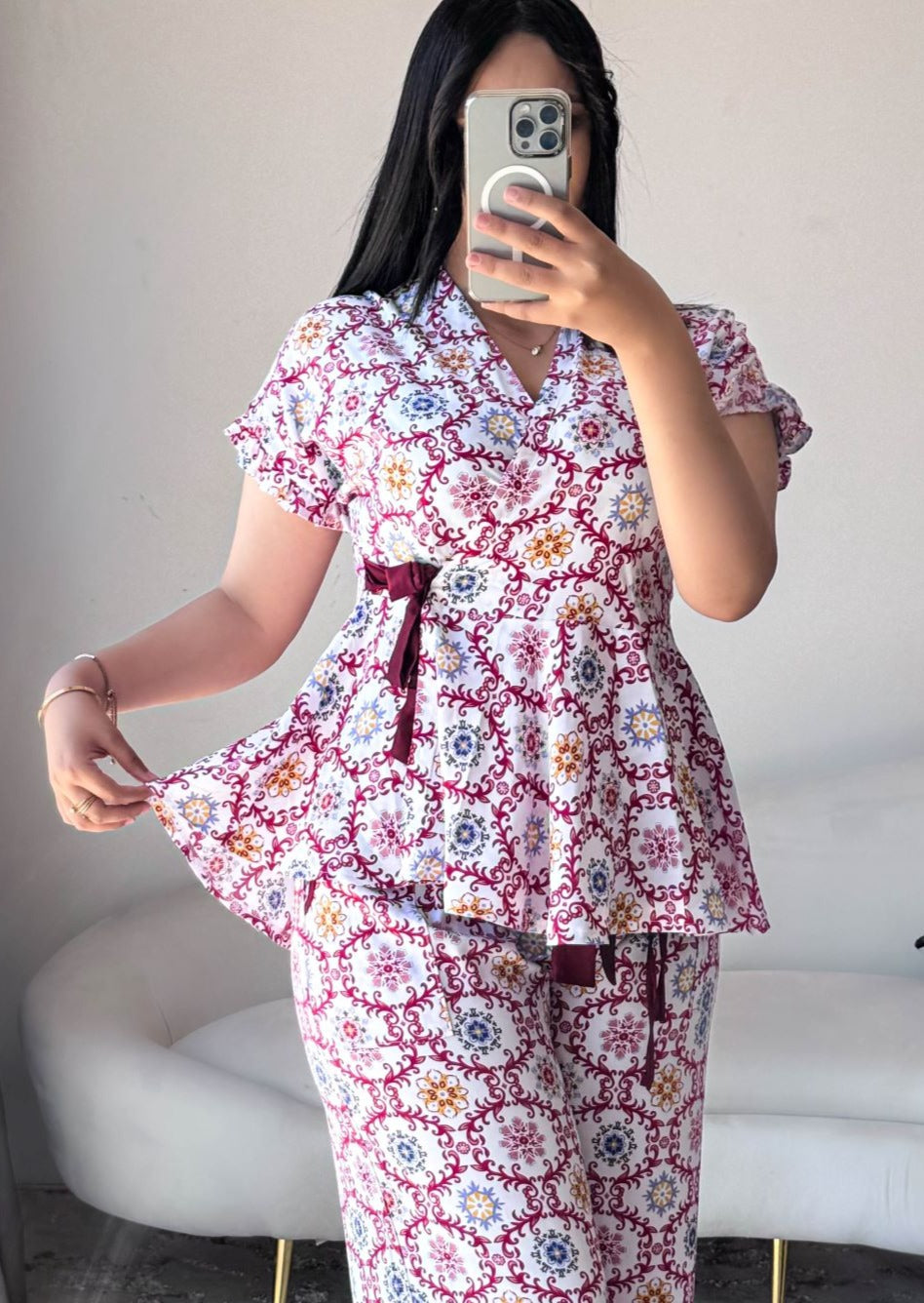 Pyjama demies manches pantalon rouge a motif JOYELLE