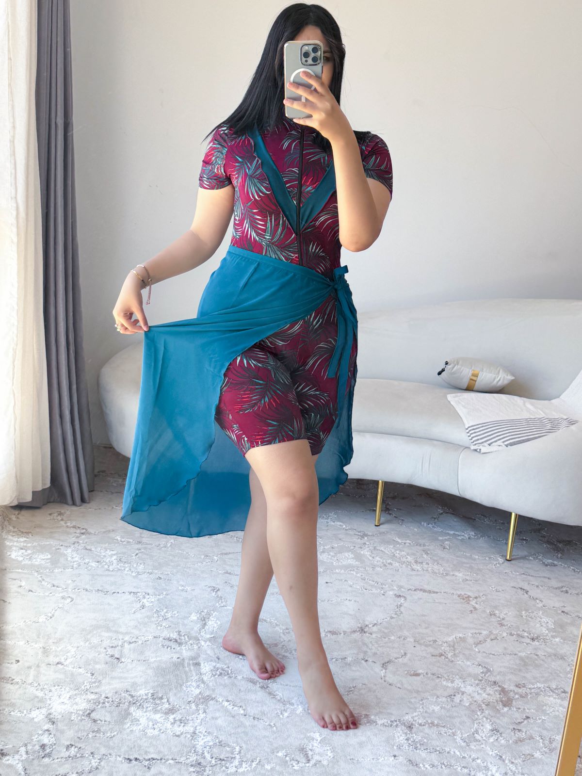 Maillot de bain 2 pièces combi rouge paréo vert ONDINE