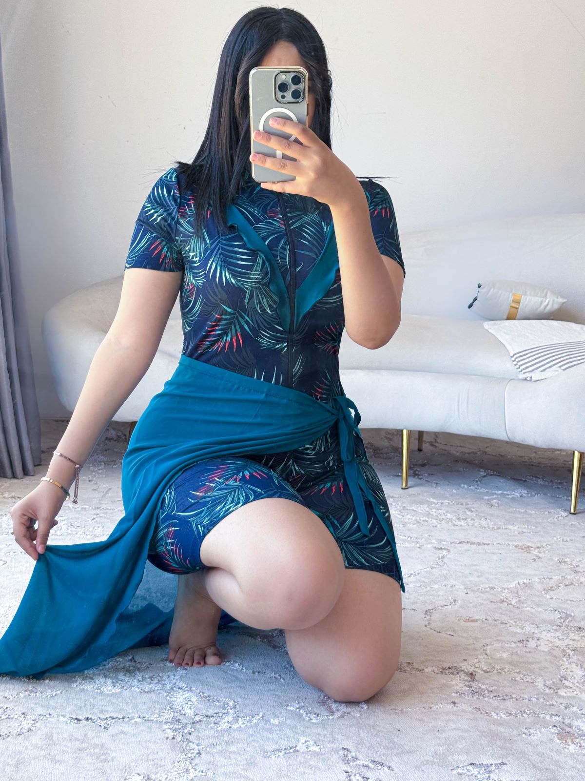 Maillot de bain 2 pièces combi bleu paréo vert ONDINE