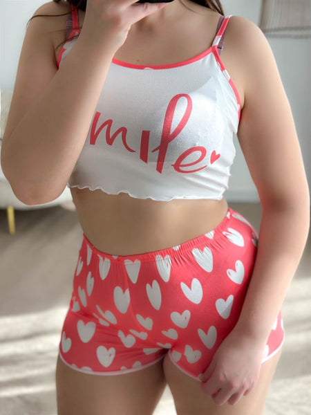 Pyjama crop-top short femme smile rouge RING