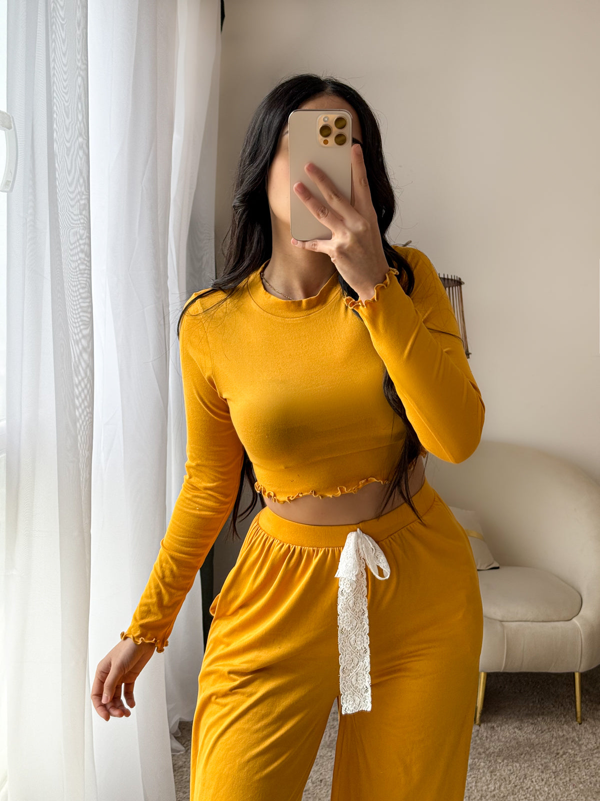 Pyjama crop-top moutarde femme LETICIA