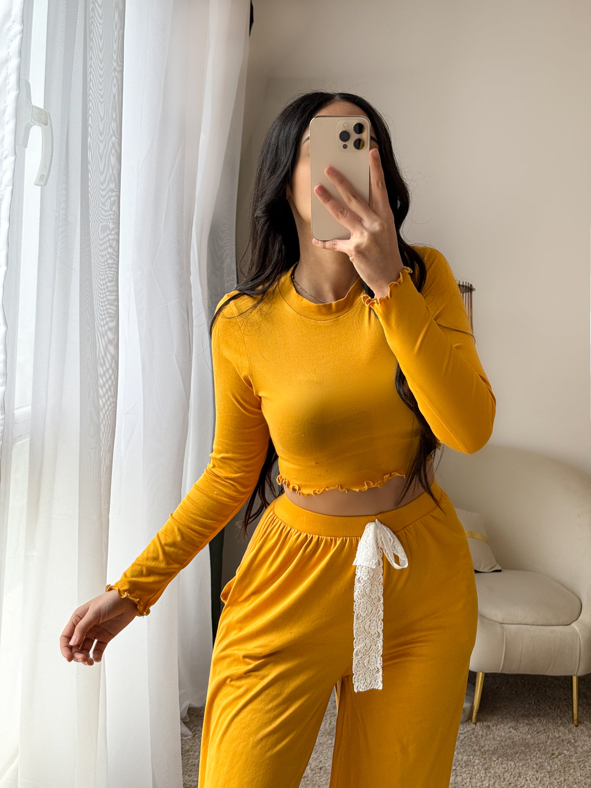 Pyjama crop-top moutarde femme LETICIA