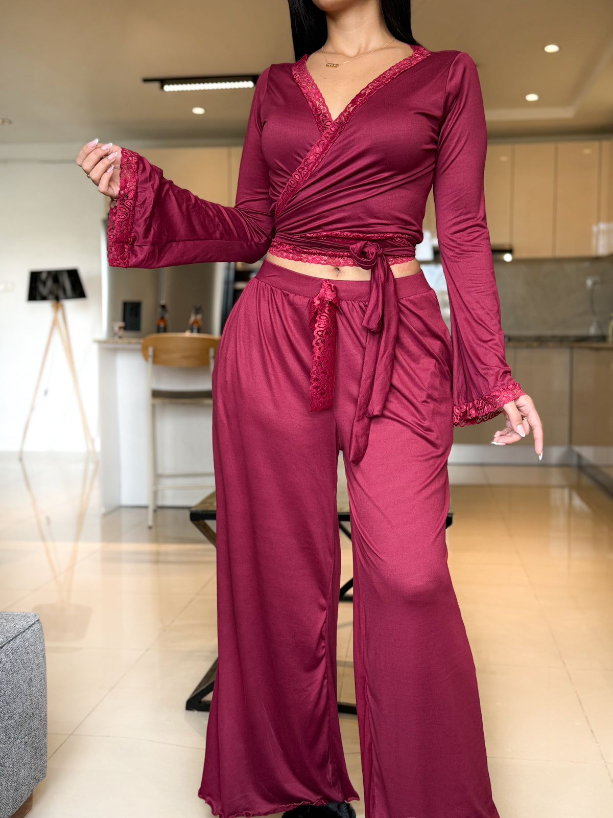 Ensemble Pilâtes manche long dentelle burgundy VIOLITA