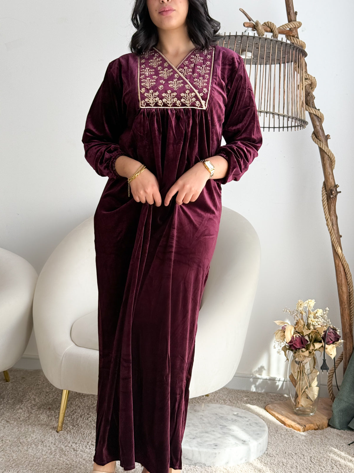 Robe d'hôtesse velours aubergine RIHANNA