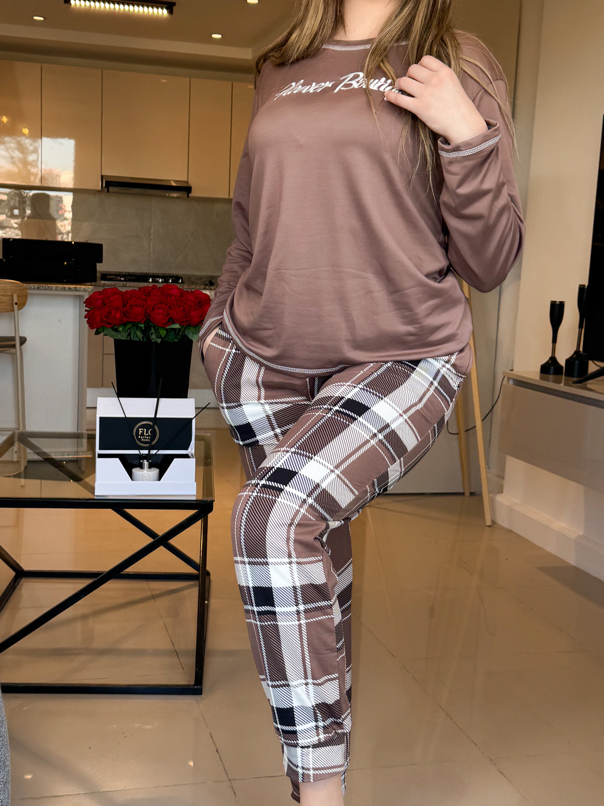 Pyjama manche long pantalon femme marron BONNY