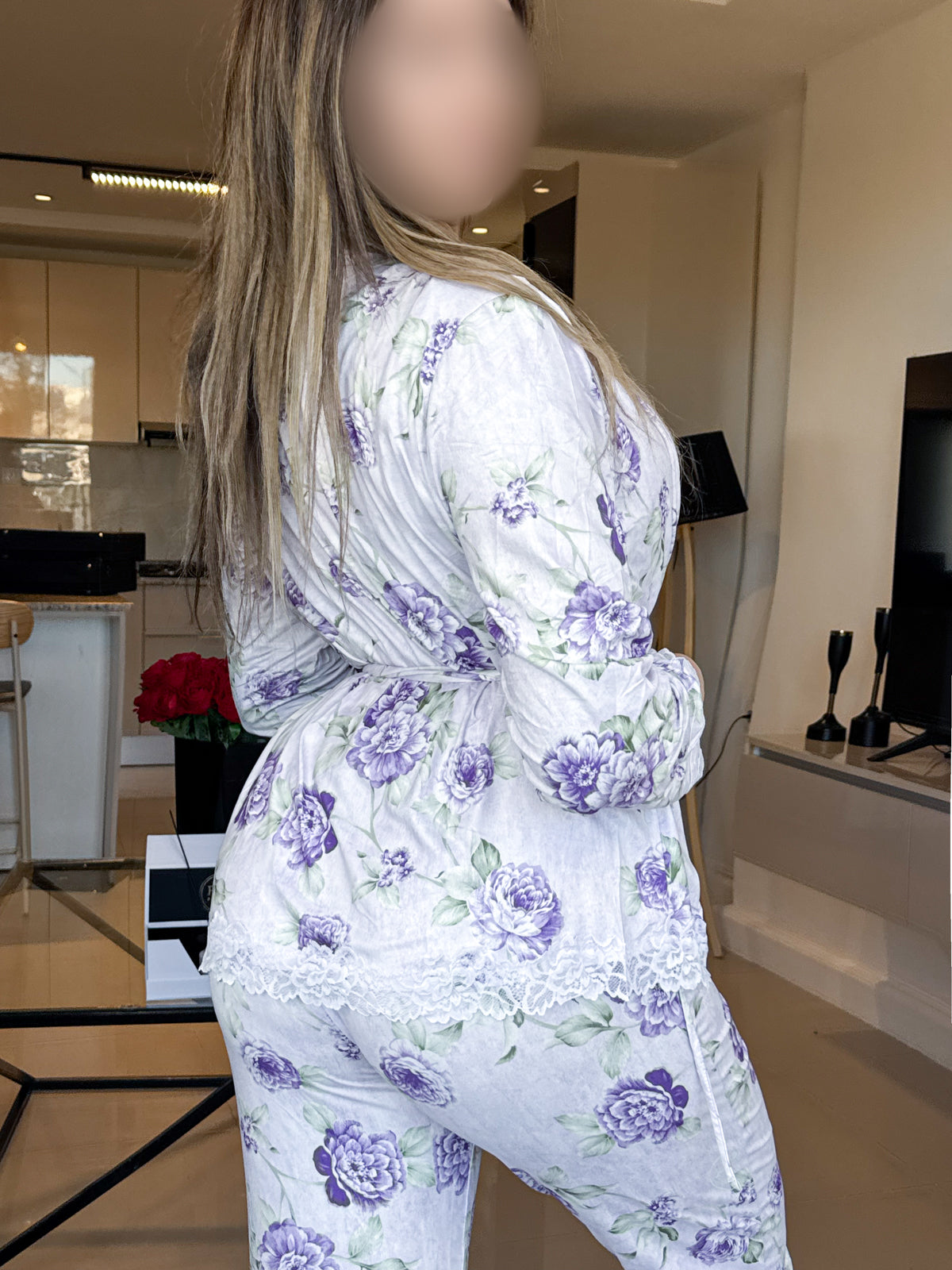 Ensemble 3 pièces kimono pantalon violet à fleur mauve TALDI