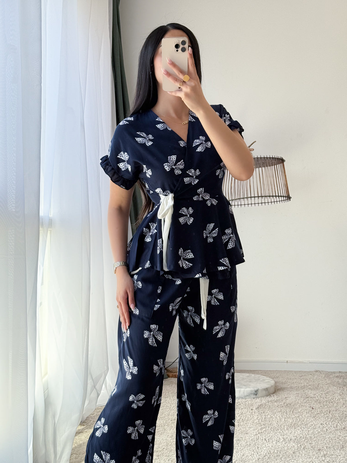 Pyjama cache-coeur bleu nuit Nœud papillon