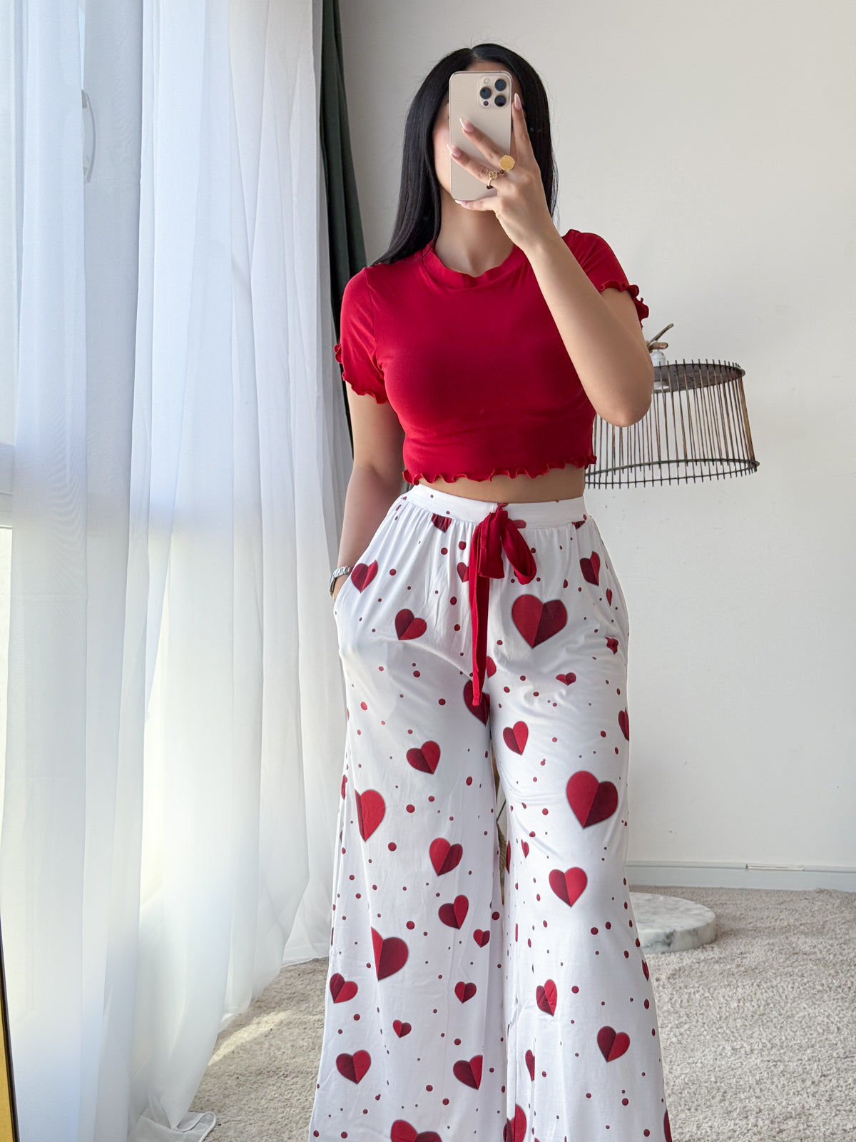 Pyjama crop-top femme rouge motif coeur ADRIANA