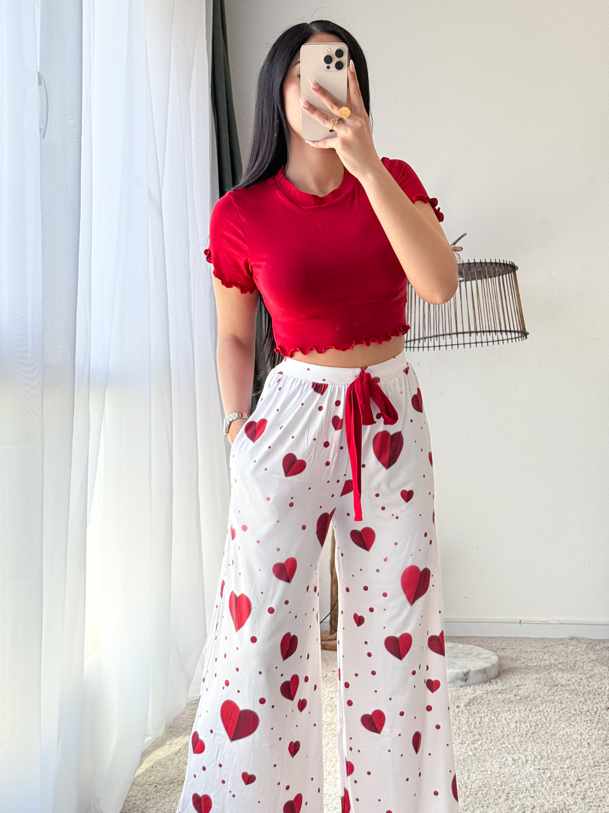 Pyjama crop-top femme rouge motif coeur ADRIANA