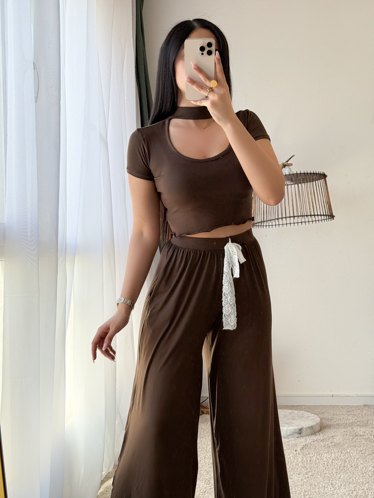 Pyjama crop-top marron femme GASP