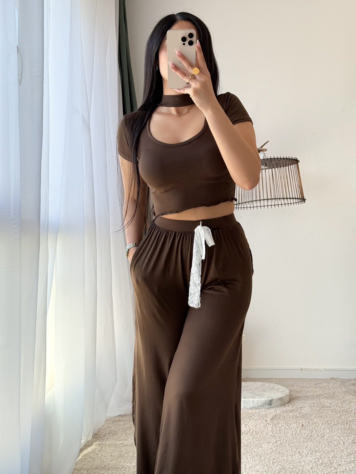 Pyjama crop-top marron femme GASP