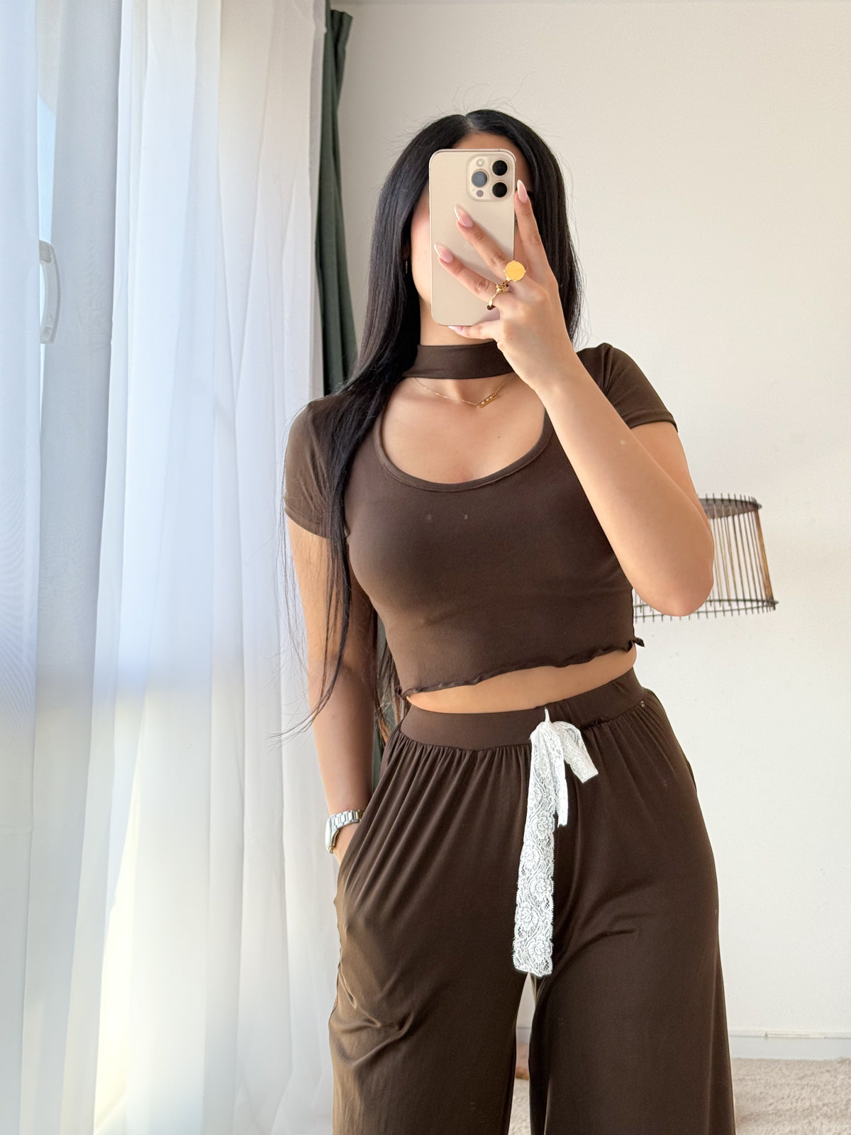 Pyjama crop-top marron femme GASP