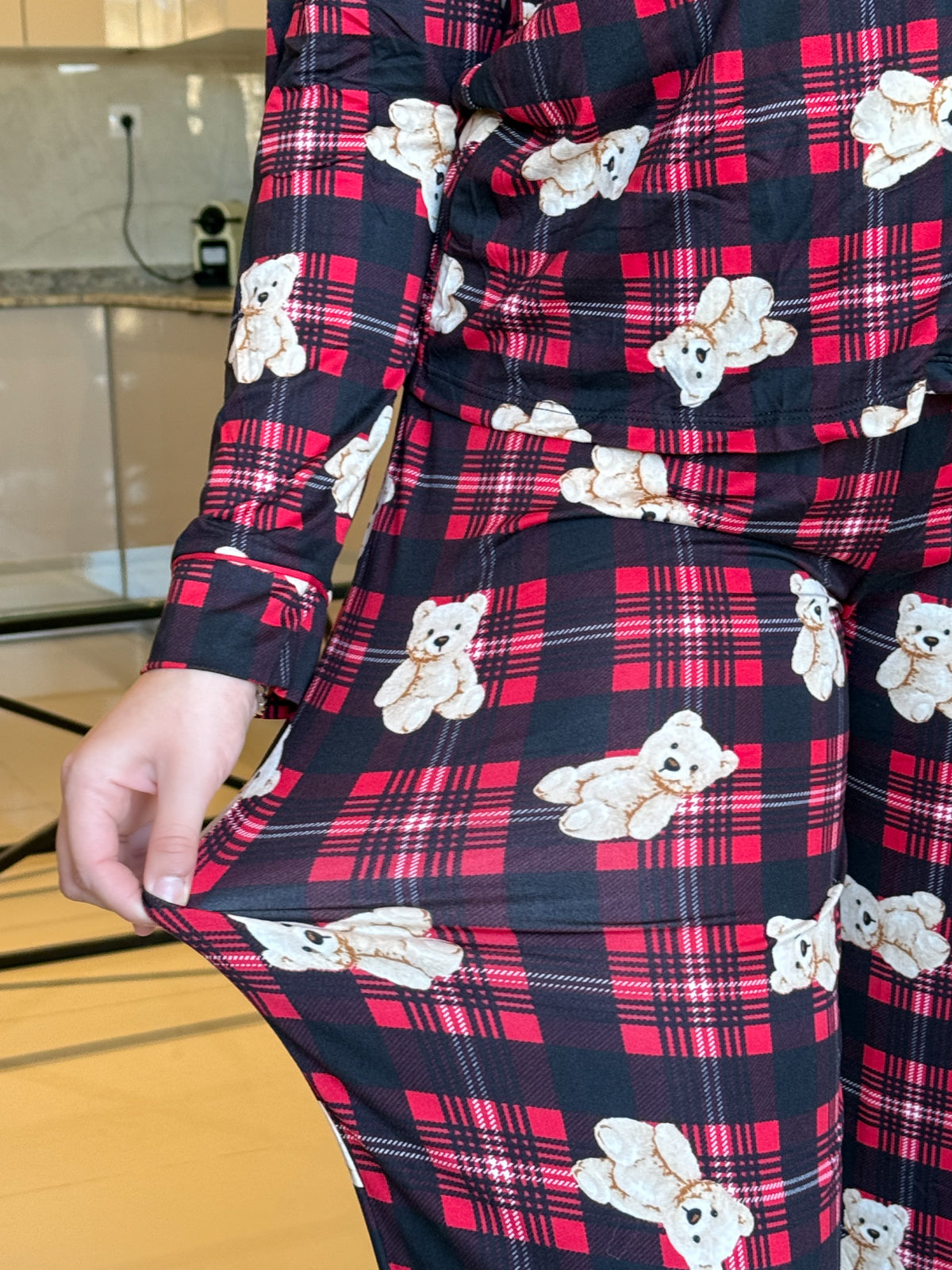 Pyjama manche long femme à carreaux rouge motif bear TUANA