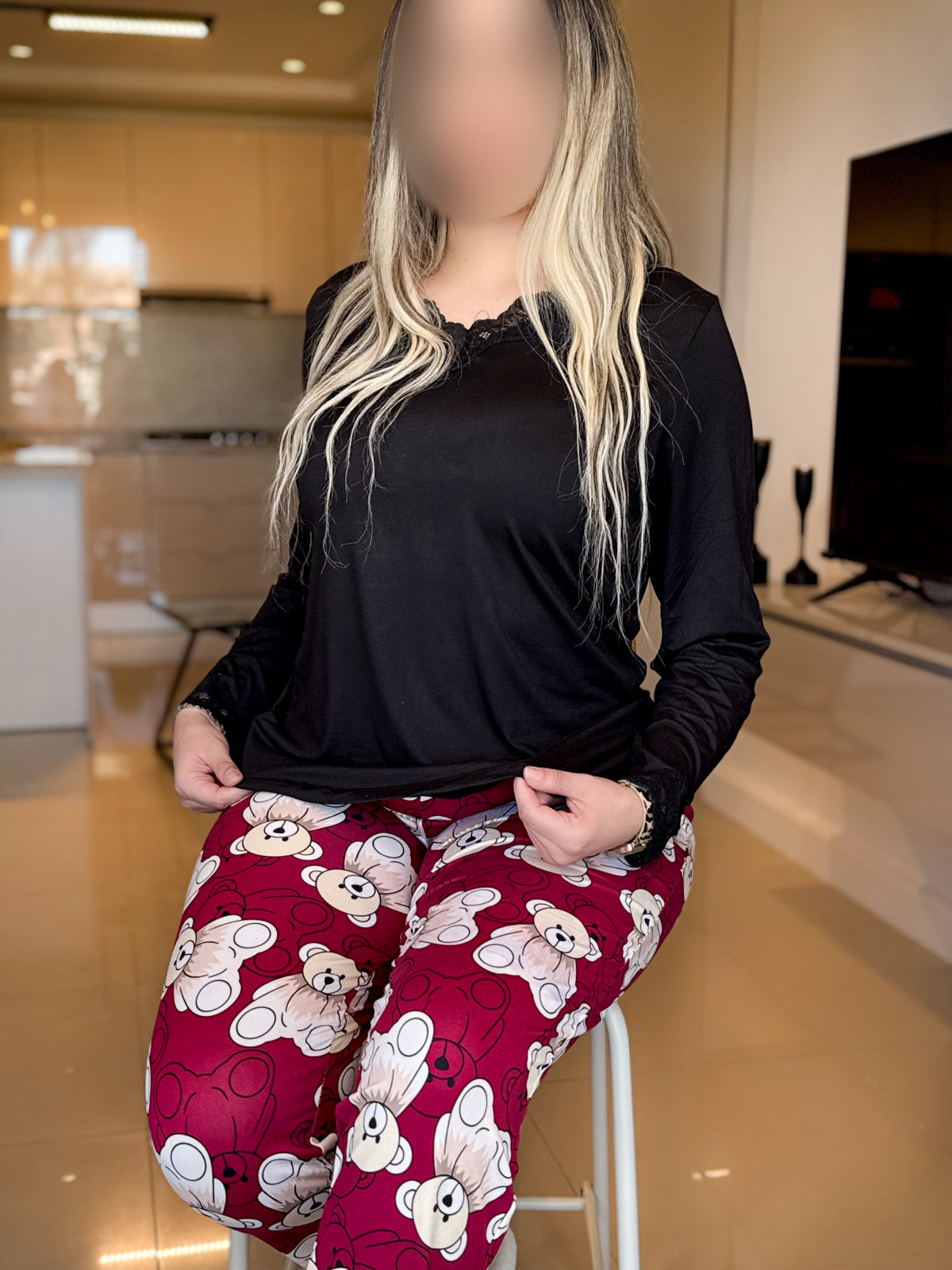 Pyjama manche long pantalon femme uni noir PERONA