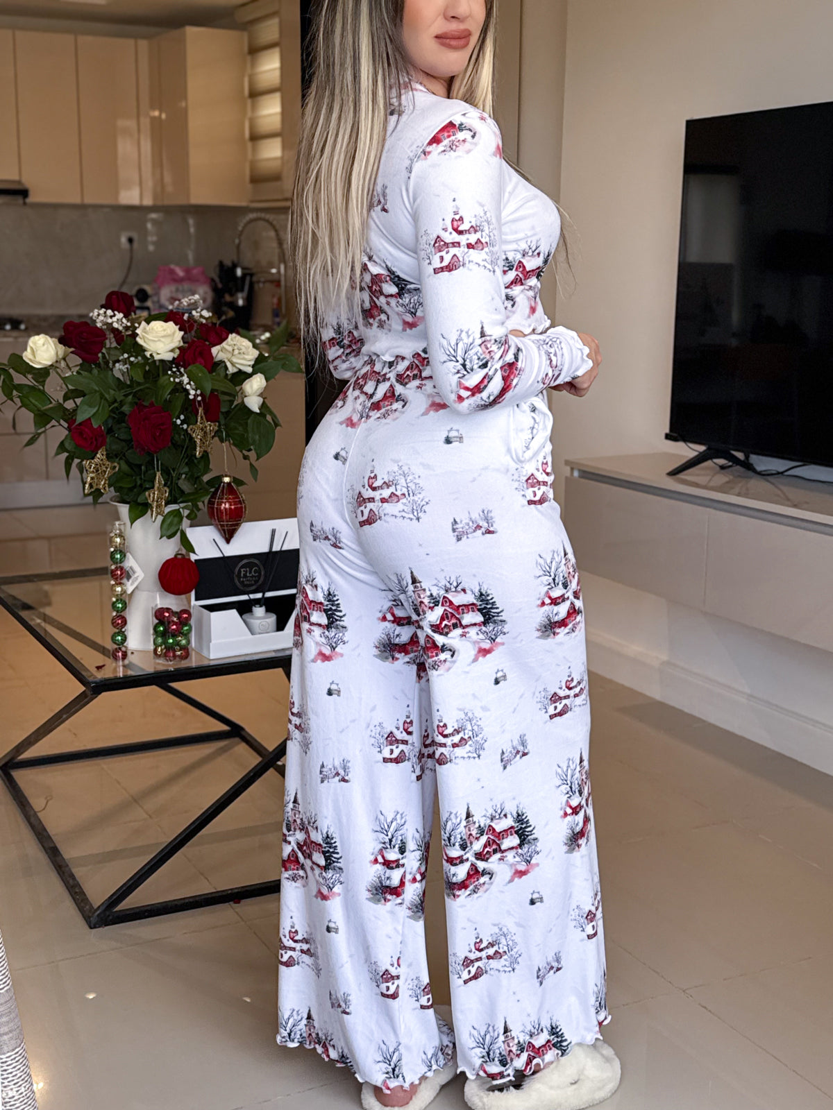 Pyjama patalon manche long blanc femme motif ICE VILLAGE