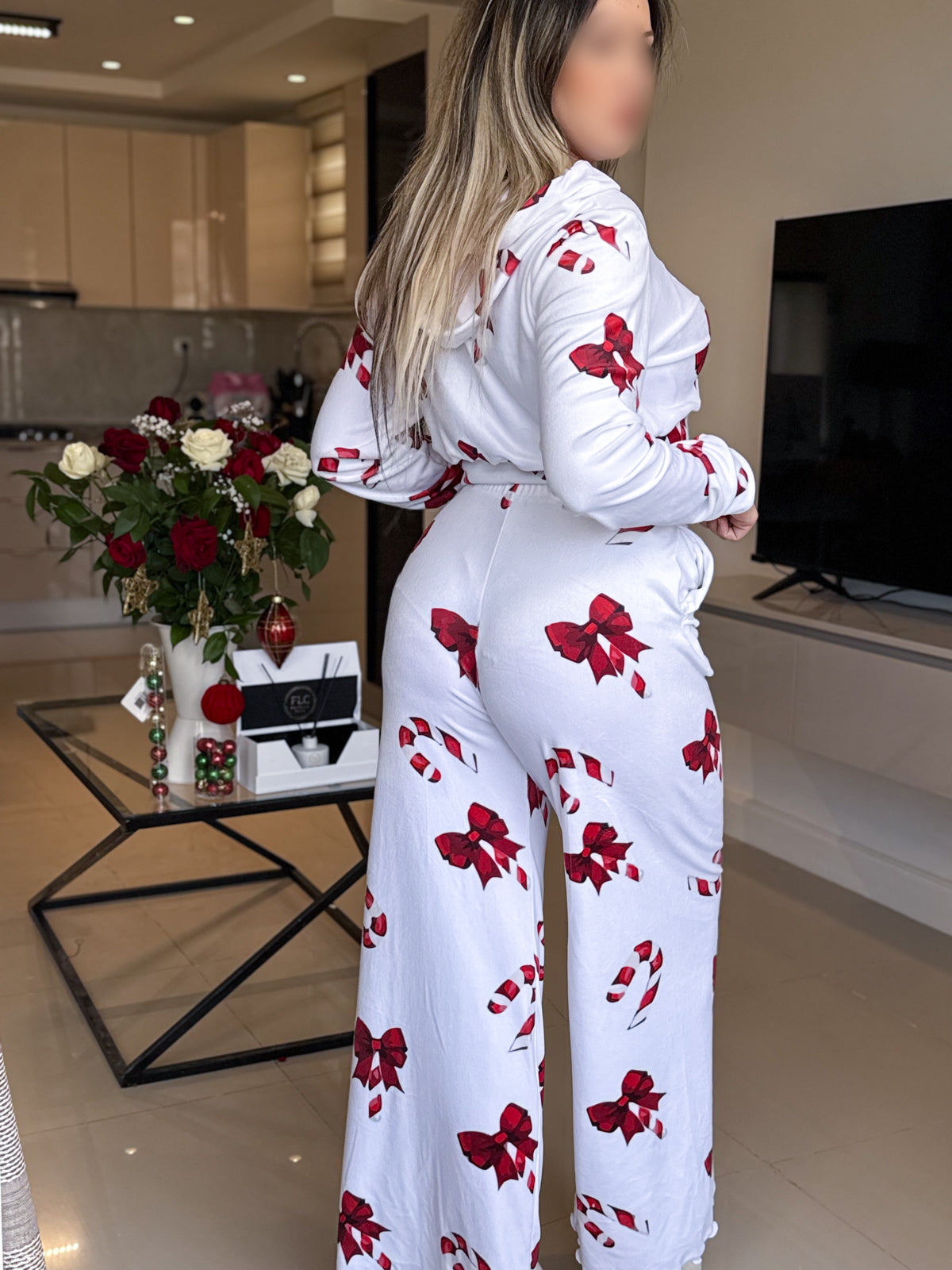 Pyjama capuche patalon manche long blanc femme motif Nœud YAMATO