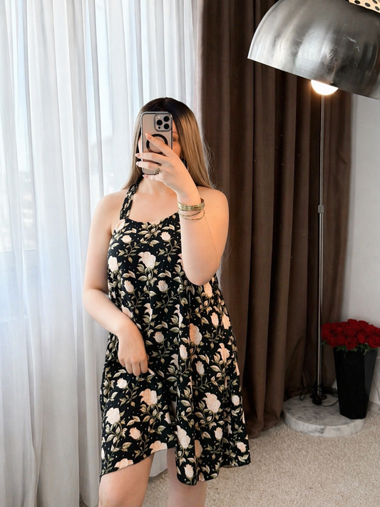 Robe nuisette noir motif a fleur beige VINAVI