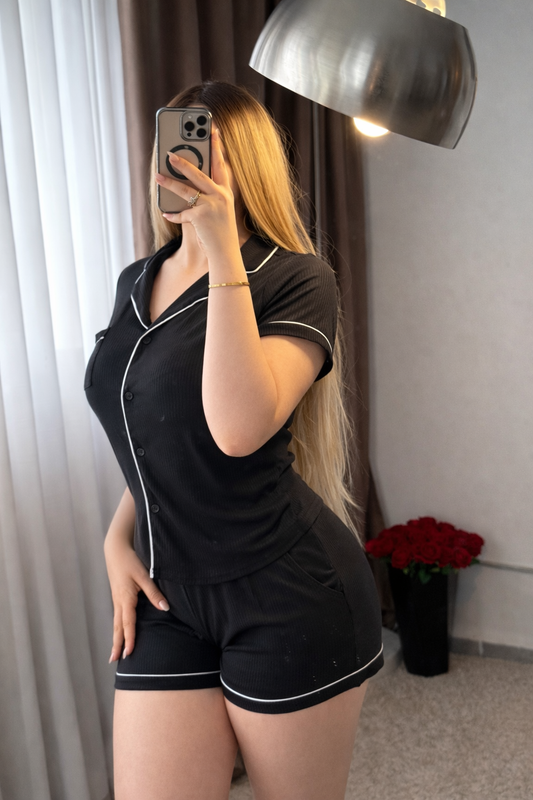 Pyjama demi-manche rayé Short noir lise blanc SYLAM