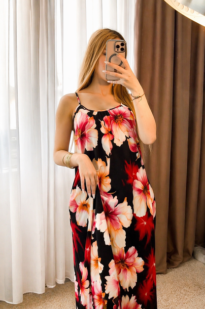 Robe noir motif a fleur rouge BALI