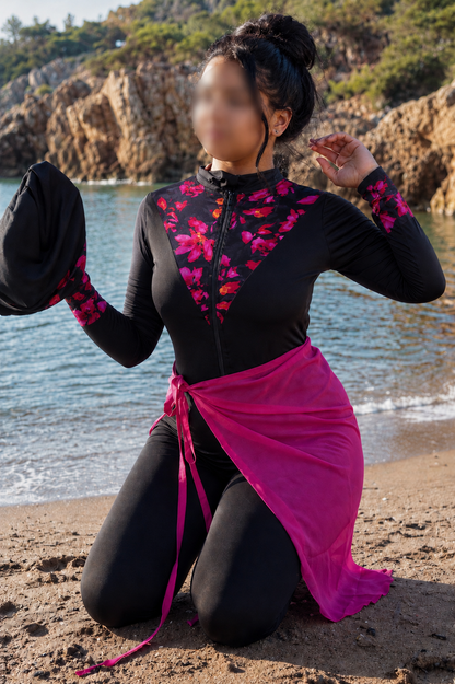 Burkini 3 pièces combinaison noir a motif rose paréo rose LOVINA