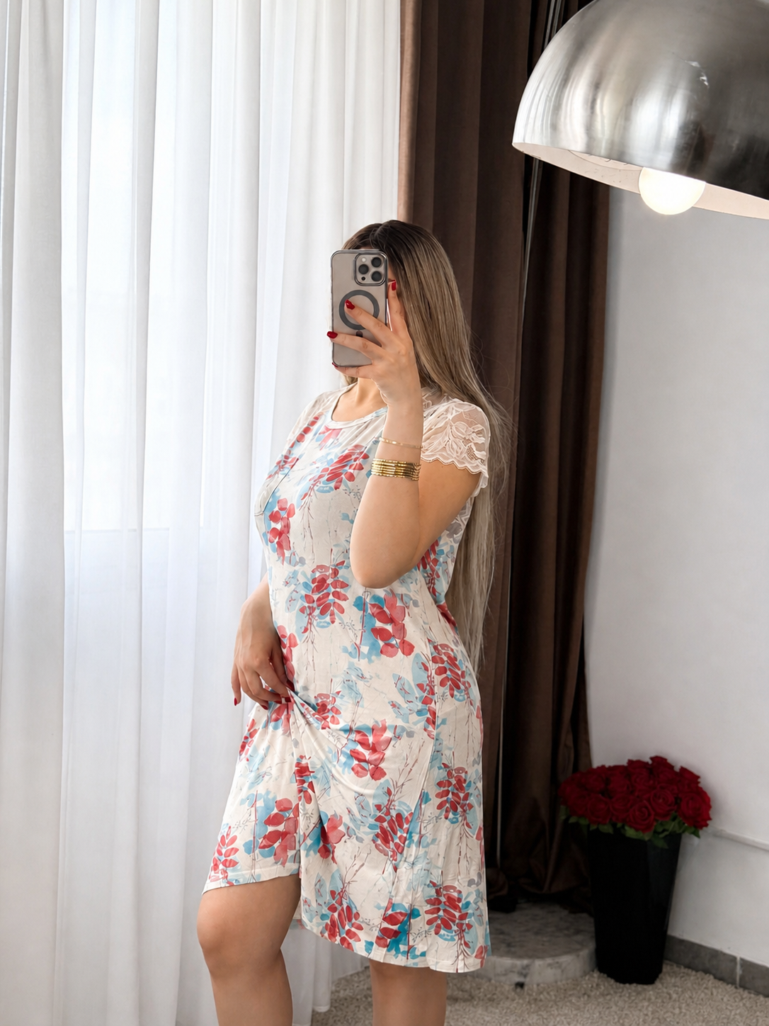 Robe nuisette saumon motif a fleur MARISIA