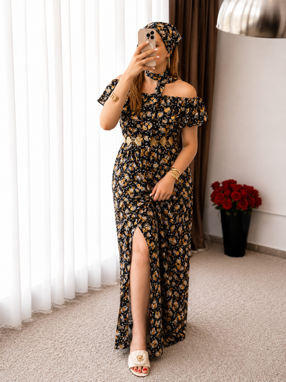Robe long a motif à fleurs noir YARINE